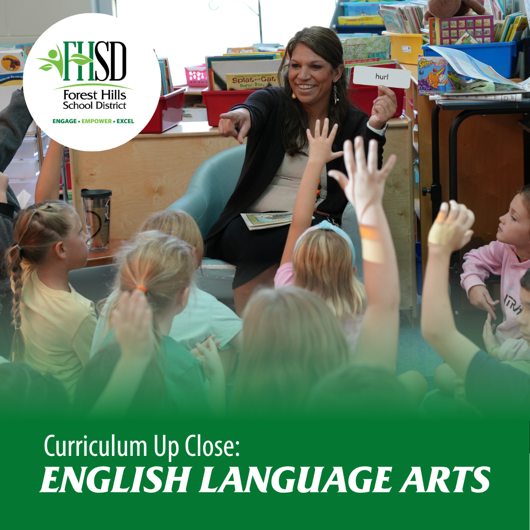 classroom photo of a teacher smiling and calling on a student with student hands in the air. fhsd logo and text says "Curriculum Up Close: English Language Arts"